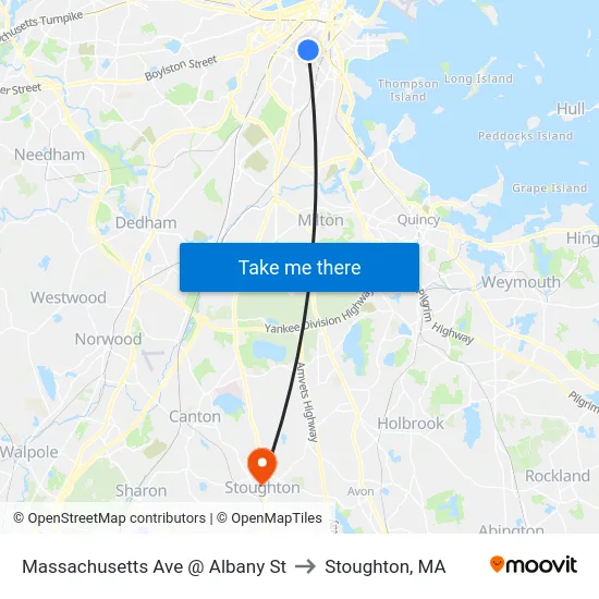Massachusetts Ave @ Albany St to Stoughton, MA map