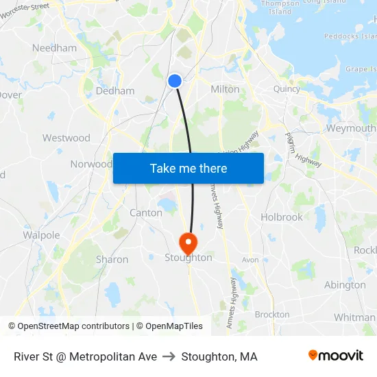 River St @ Metropolitan Ave to Stoughton, MA map