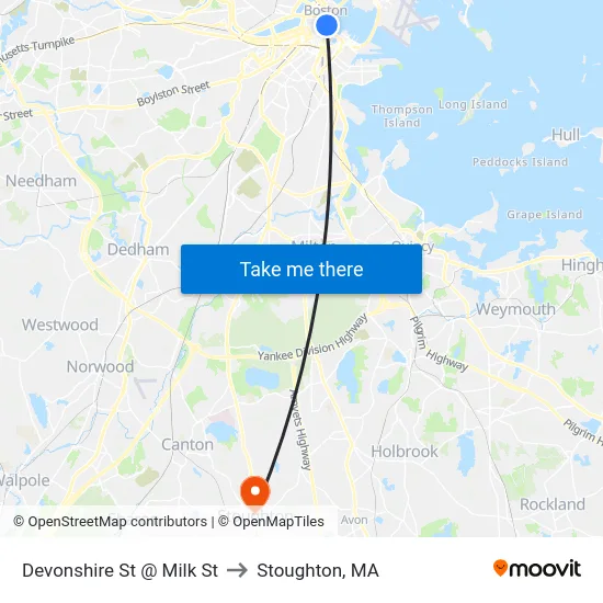 Devonshire St @ Milk St to Stoughton, MA map