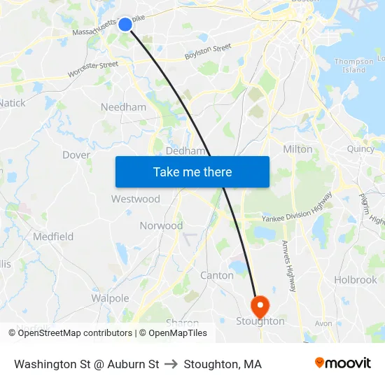 Washington St @ Auburn St to Stoughton, MA map