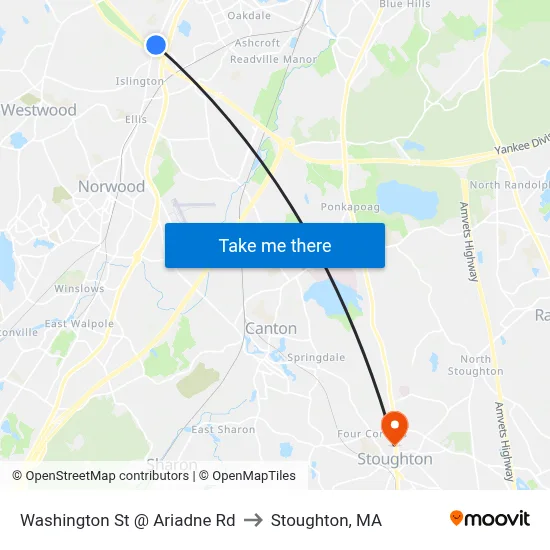 Washington St @ Ariadne Rd to Stoughton, MA map