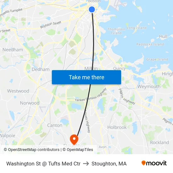 Washington St @ Tufts Med Ctr to Stoughton, MA map