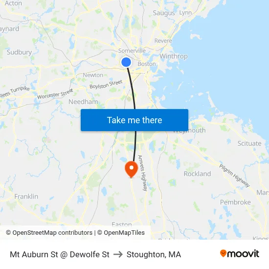Mt Auburn St @ Dewolfe St to Stoughton, MA map