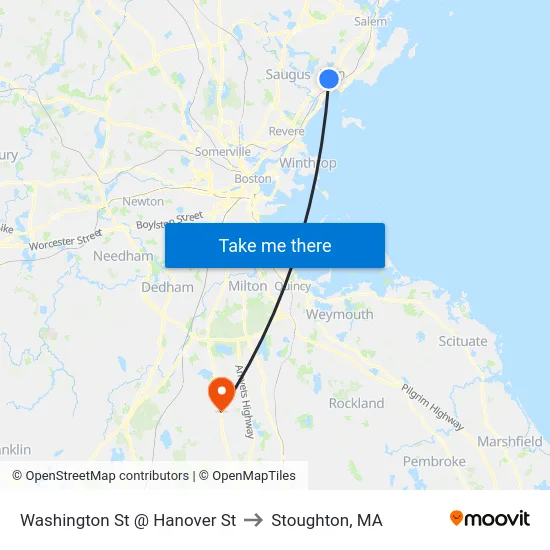 Washington St @ Hanover St to Stoughton, MA map