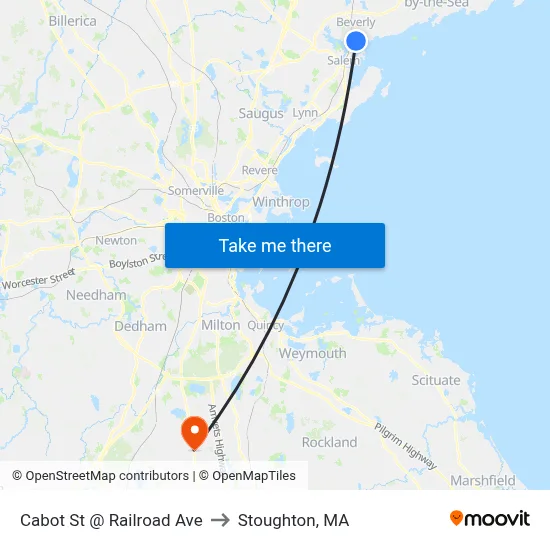 Cabot St @ Railroad Ave to Stoughton, MA map