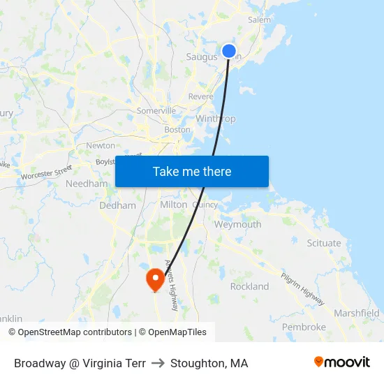 Broadway @ Virginia Terr to Stoughton, MA map