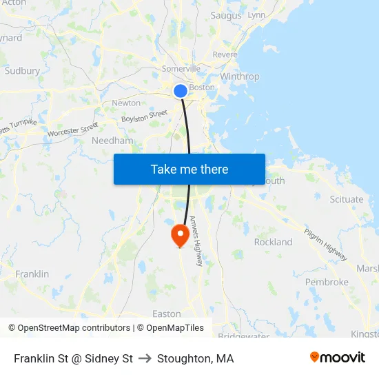 Franklin St @ Sidney St to Stoughton, MA map