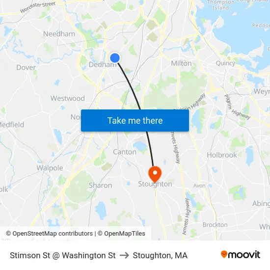Stimson St @ Washington St to Stoughton, MA map