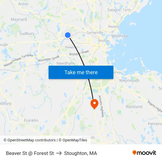 Beaver St @ Forest St to Stoughton, MA map