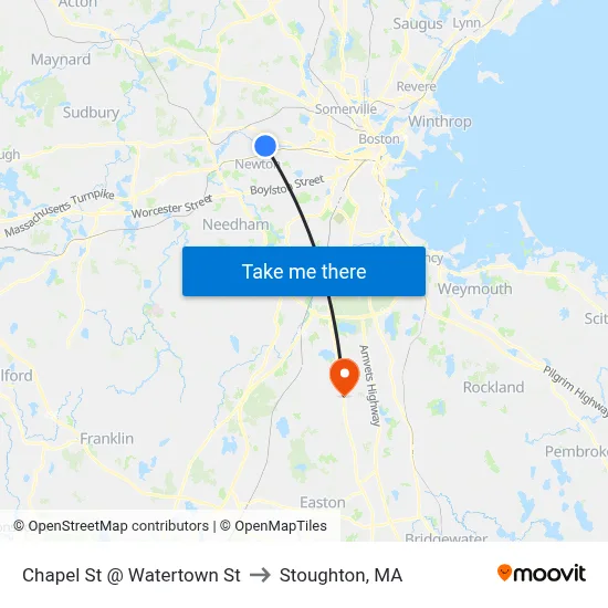 Chapel St @ Watertown St to Stoughton, MA map