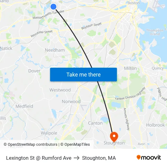 Lexington St @ Rumford Ave to Stoughton, MA map