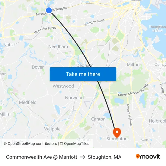 Commonwealth Ave @ Marriott to Stoughton, MA map