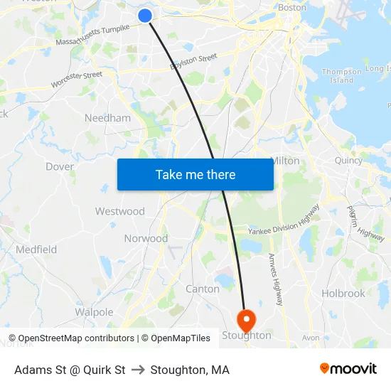Adams St @ Quirk St to Stoughton, MA map