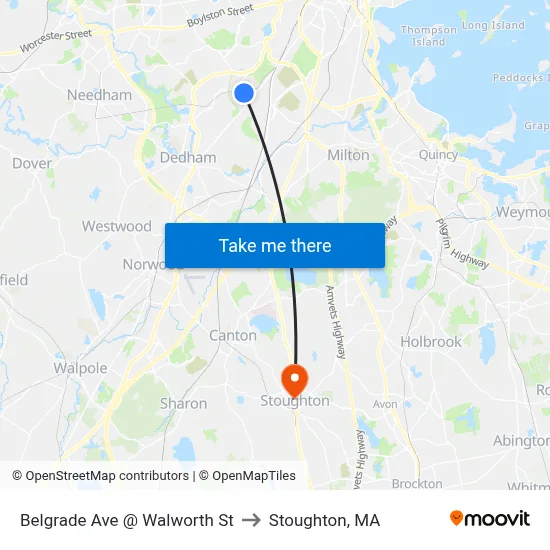 Belgrade Ave @ Walworth St to Stoughton, MA map