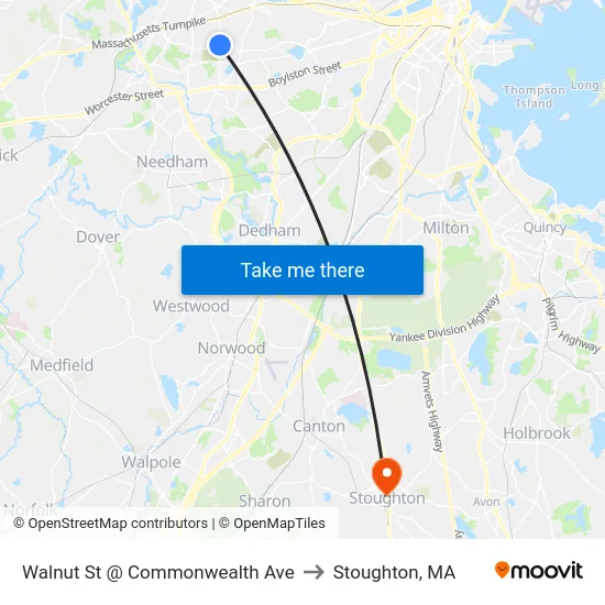 Walnut St @ Commonwealth Ave to Stoughton, MA map