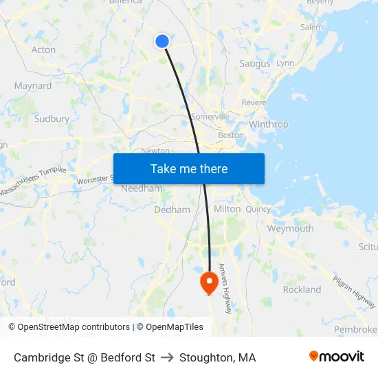 Cambridge St @ Bedford St to Stoughton, MA map