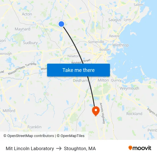 Mit Lincoln Laboratory to Stoughton, MA map