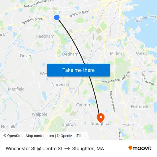 Winchester St @ Centre St to Stoughton, MA map