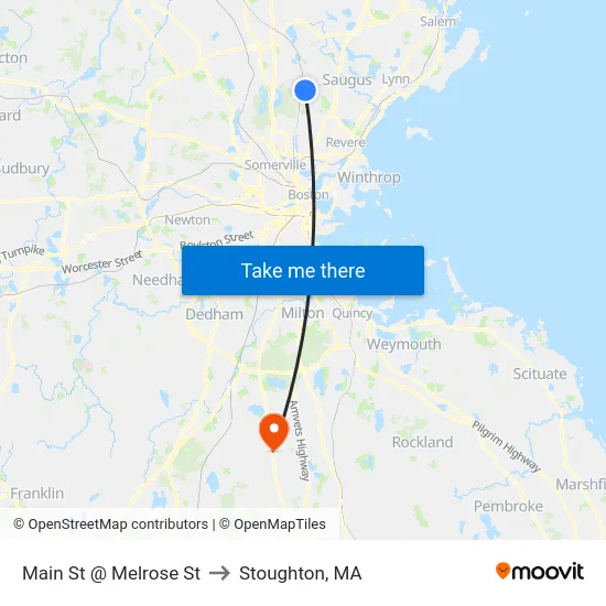 Main St @ Melrose St to Stoughton, MA map