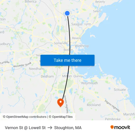 Vernon St @ Lowell St to Stoughton, MA map