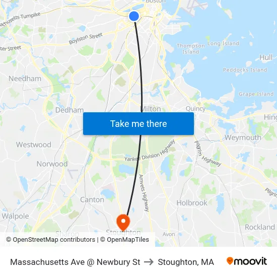 Massachusetts Ave @ Newbury St to Stoughton, MA map