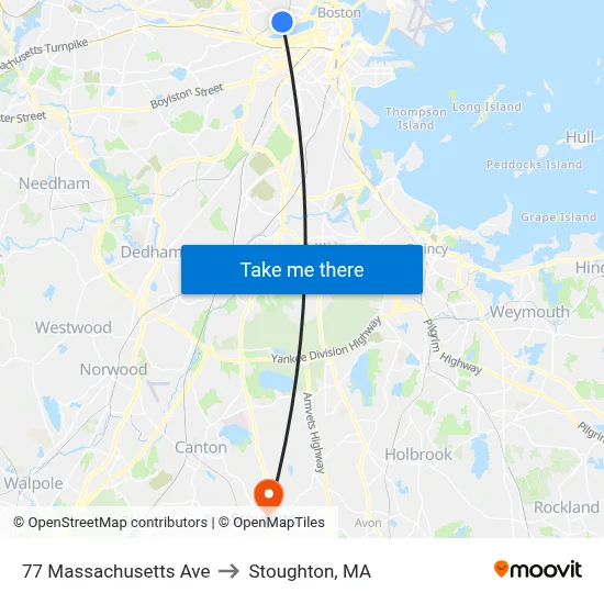 77 Massachusetts Ave to Stoughton, MA map