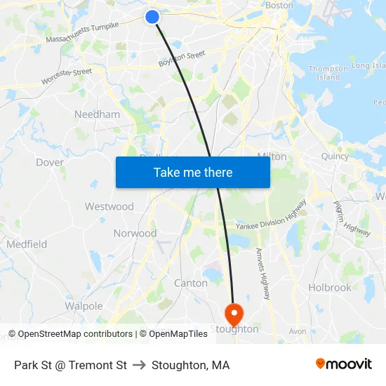Park St @ Tremont St to Stoughton, MA map