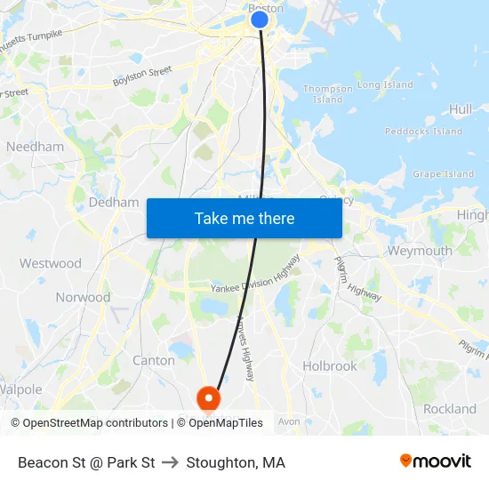 Beacon St @ Park St to Stoughton, MA map