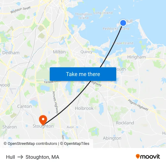 Hull to Stoughton, MA map