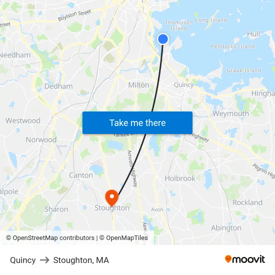 Quincy to Stoughton, MA map