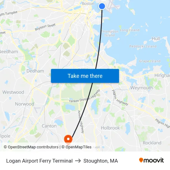 Logan Airport Ferry Terminal to Stoughton, MA map