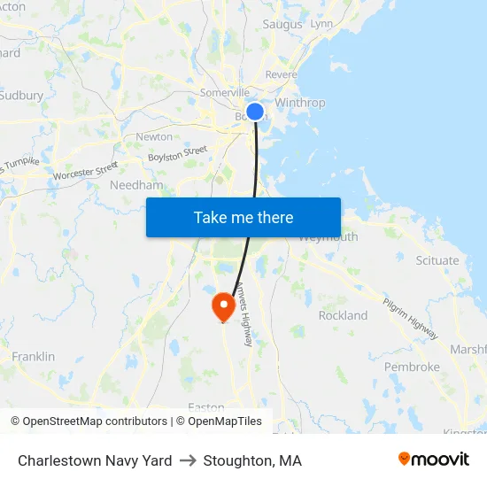 Charlestown Navy Yard to Stoughton, MA map
