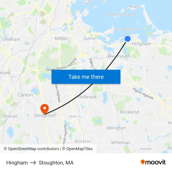 Hingham to Stoughton, MA map