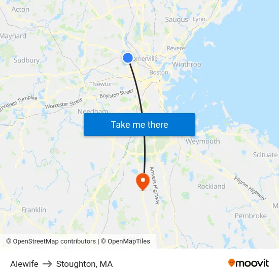 Alewife to Stoughton, MA map