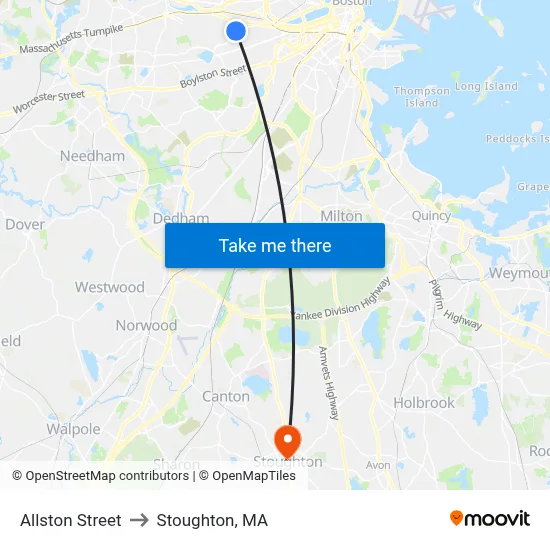 Allston Street to Stoughton, MA map