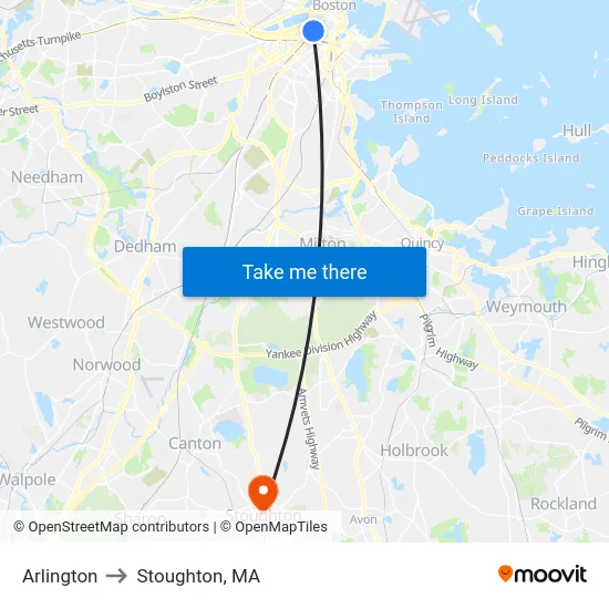 Arlington to Stoughton, MA map