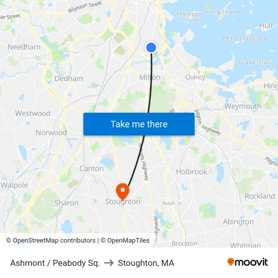 Ashmont / Peabody Sq. to Stoughton, MA map