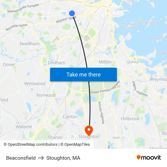Beaconsfield to Stoughton, MA map