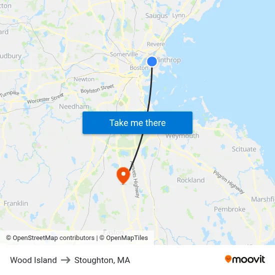 Wood Island to Stoughton, MA map