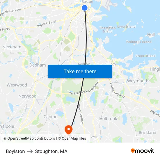 Boylston to Stoughton, MA map