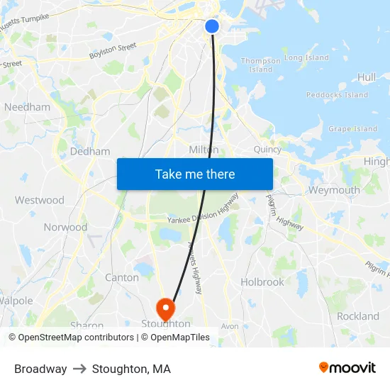 Broadway to Stoughton, MA map