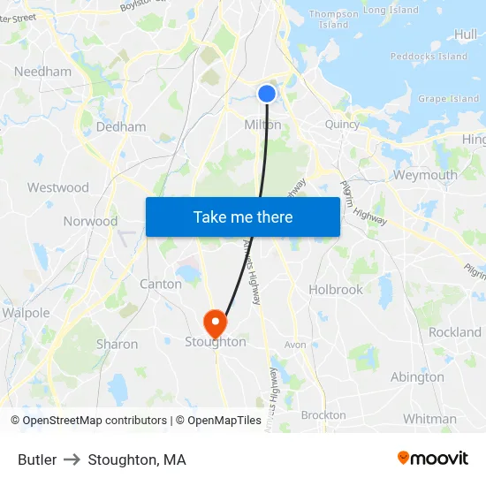 Butler to Stoughton, MA map