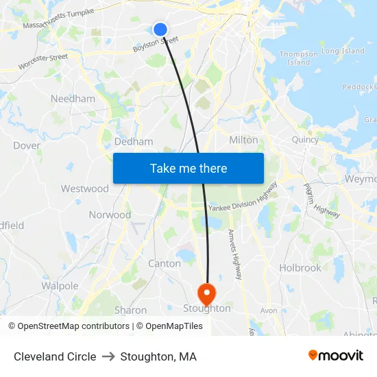 Cleveland Circle to Stoughton, MA map