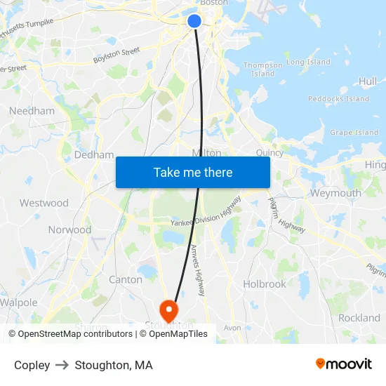Copley to Stoughton, MA map
