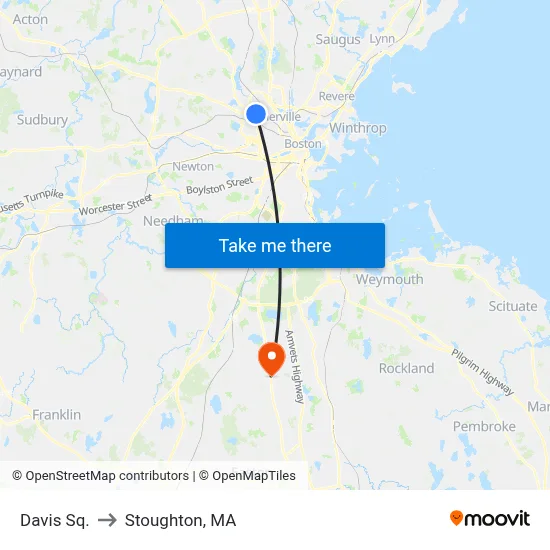 Davis Sq. to Stoughton, MA map