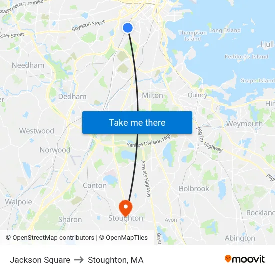 Jackson Square to Stoughton, MA map