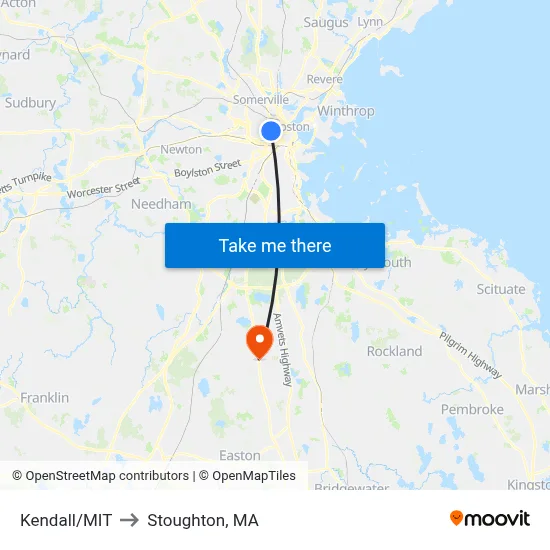 Kendall/MIT to Stoughton, MA map