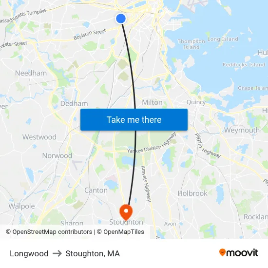 Longwood to Stoughton, MA map