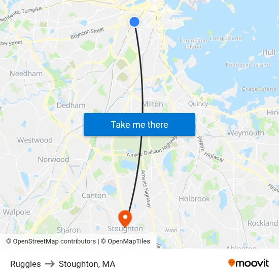 Ruggles to Stoughton, MA map