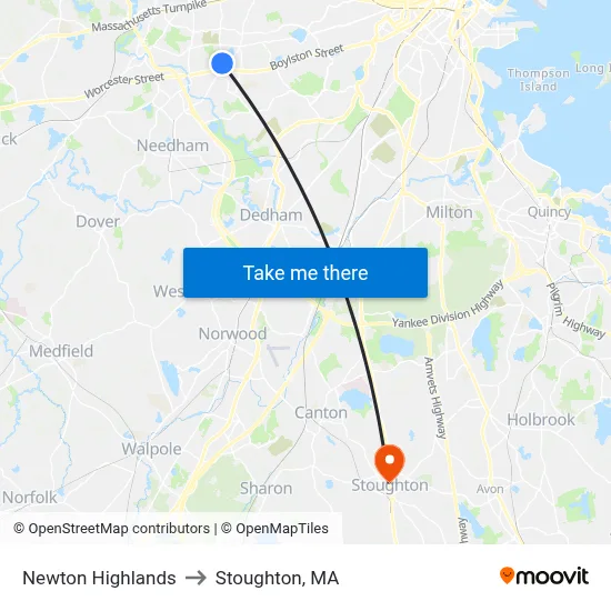 Newton Highlands to Stoughton, MA map